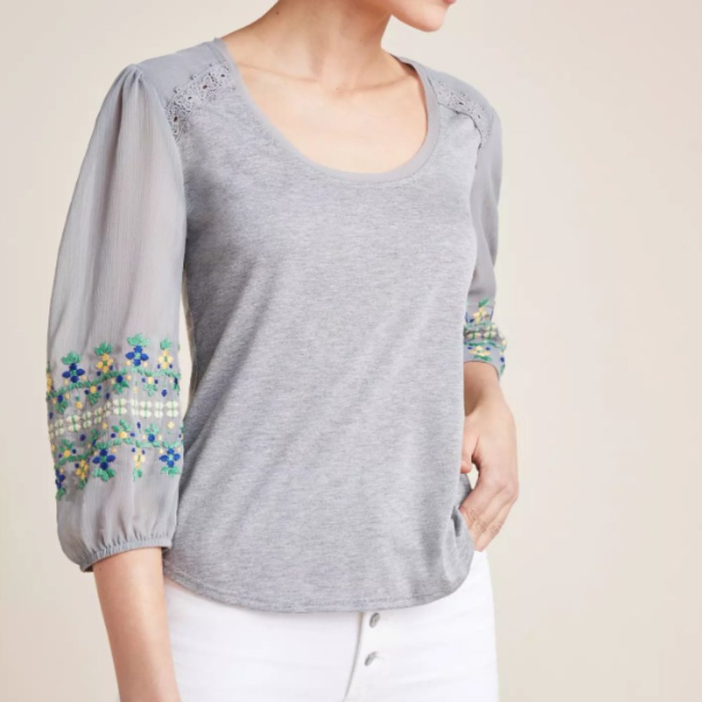 Anthropologie TINY Grey Blouse Embroidered Sheer Sleeves Long Sleeve Tee Shirt